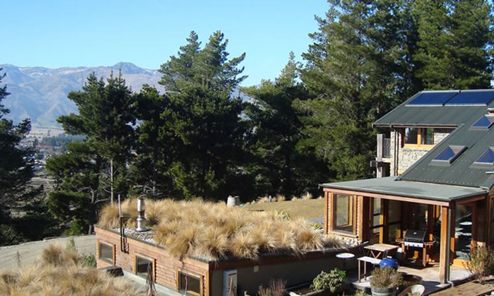 Sustainable home with a living roof and solar panels